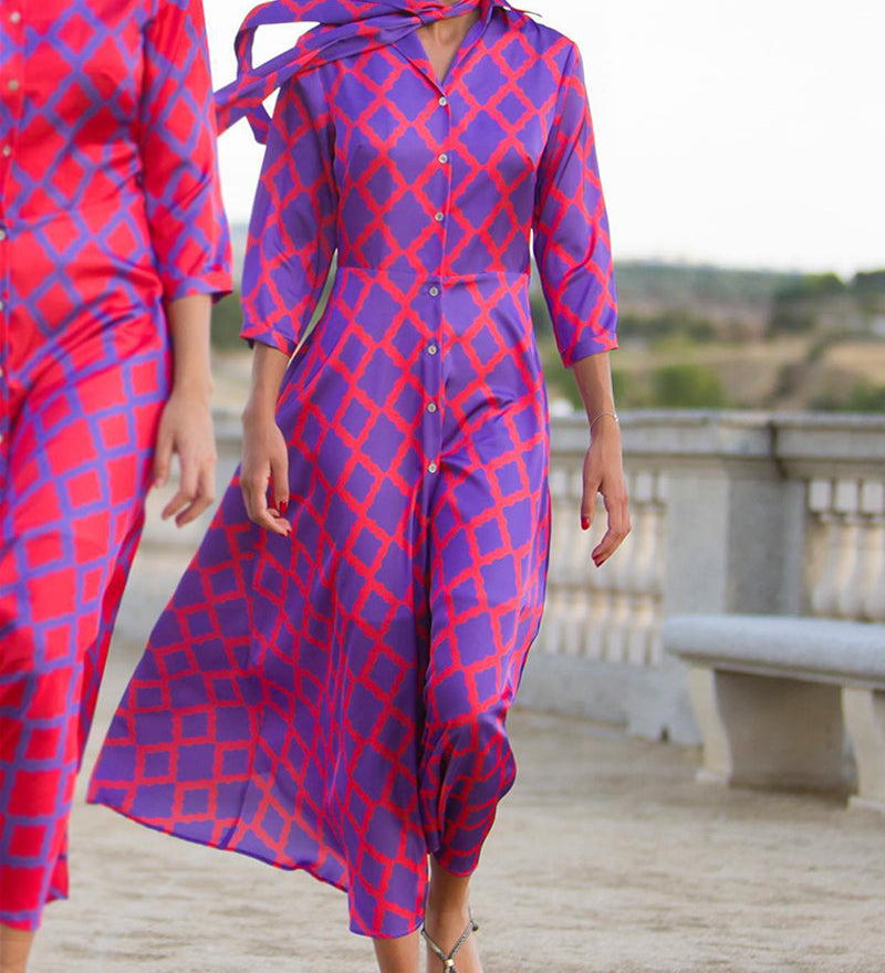Robe chemise col V manches 3/4