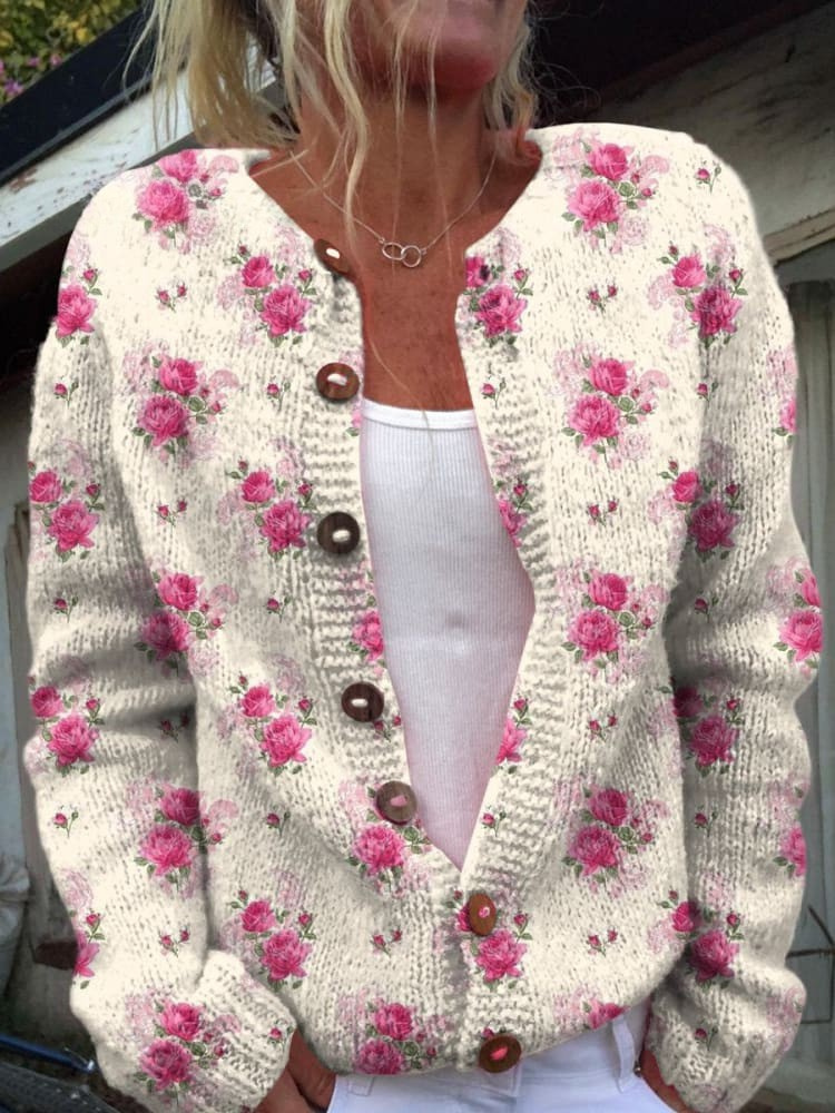 Cardigan boutonné crème à roses aquarellées — Victorine, LucieSaint-Tropez (vue 2)