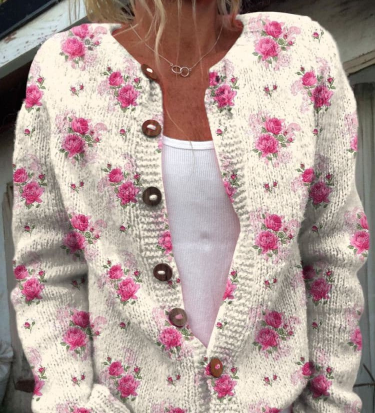 Cardigan boutonné crème à roses aquarellées — Victorine, LucieSaint-Tropez (vue 2)