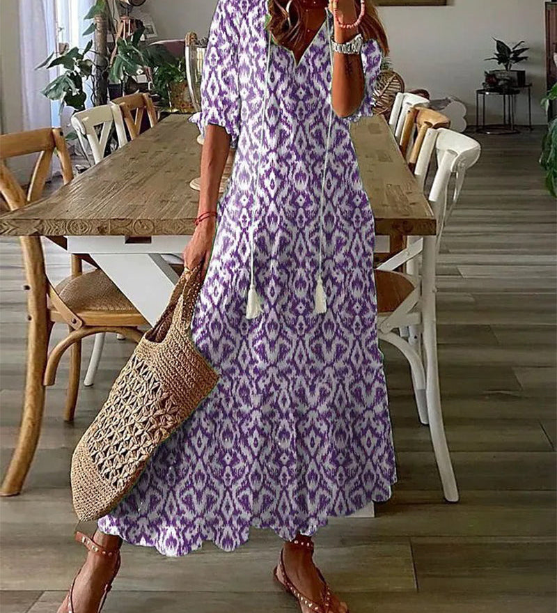 Robe longue col V en imprimé avec demi-manche
