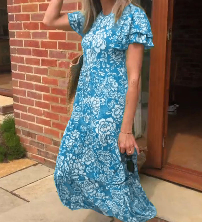 Robe longue à manches courtes imprimée de fleurs