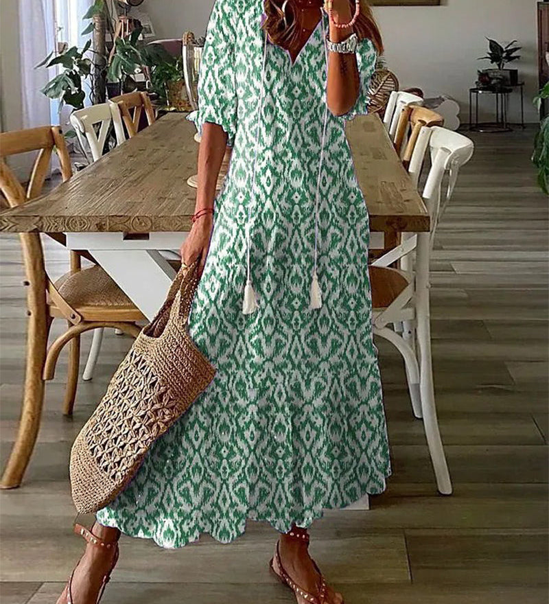 Robe longue col V en imprimé avec demi-manche