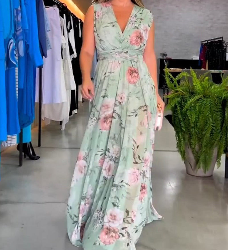 Robe élégante sans manches à col en V et imprimé floral