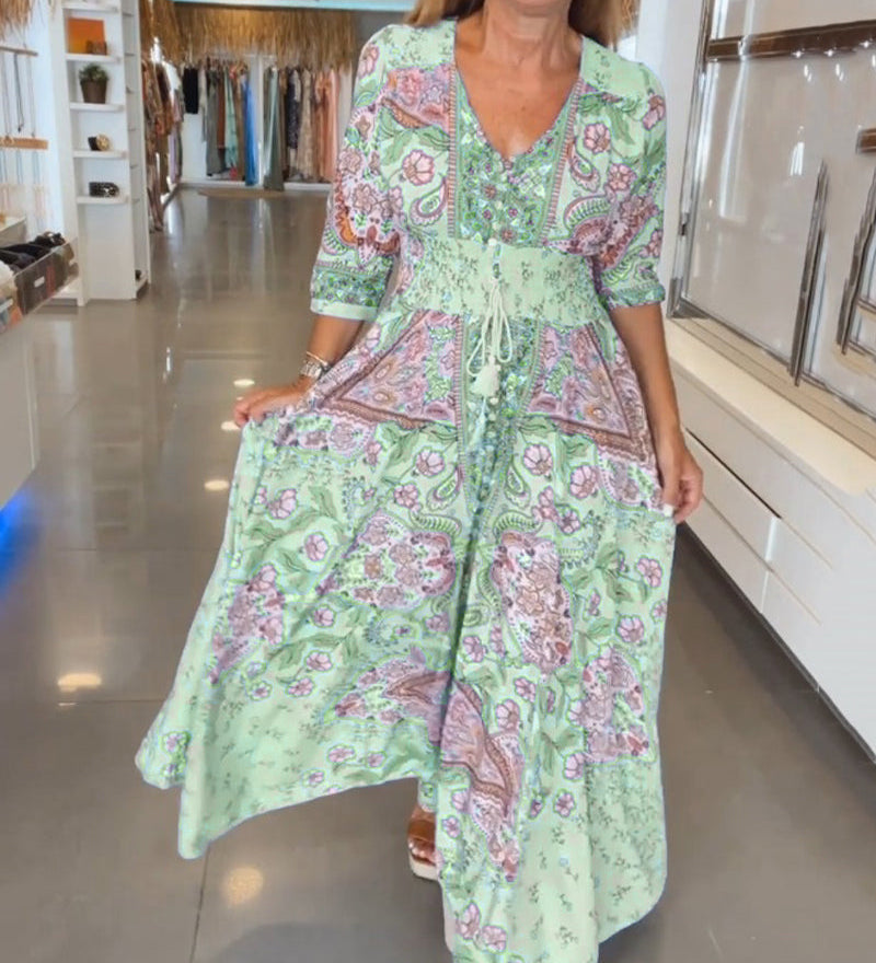 Robe de vacances à col en V et manches 3/4