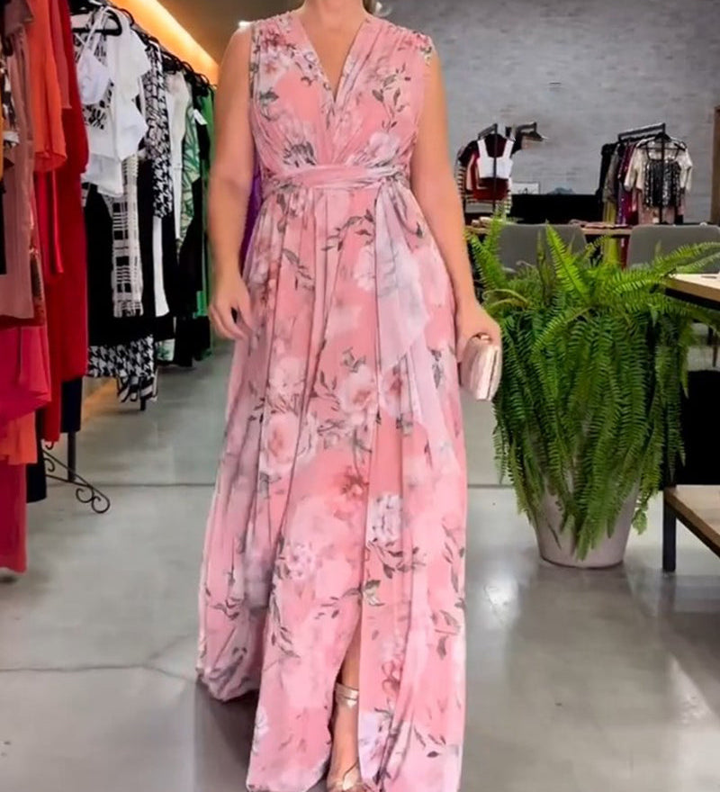 Robe élégante sans manches à col en V et imprimé floral