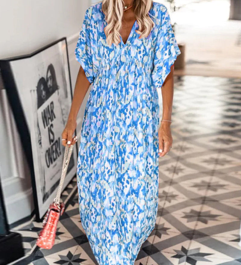 Robe tendance à col en V imprimée à manches courtes