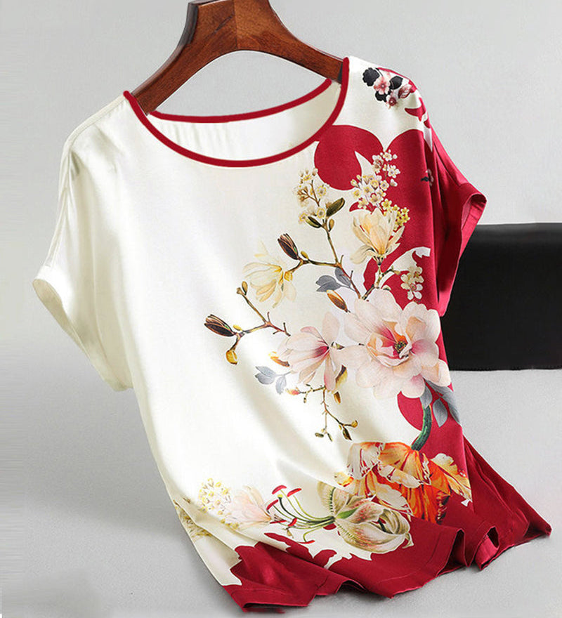 T-shirt manches courtes en soie glacée imprimée