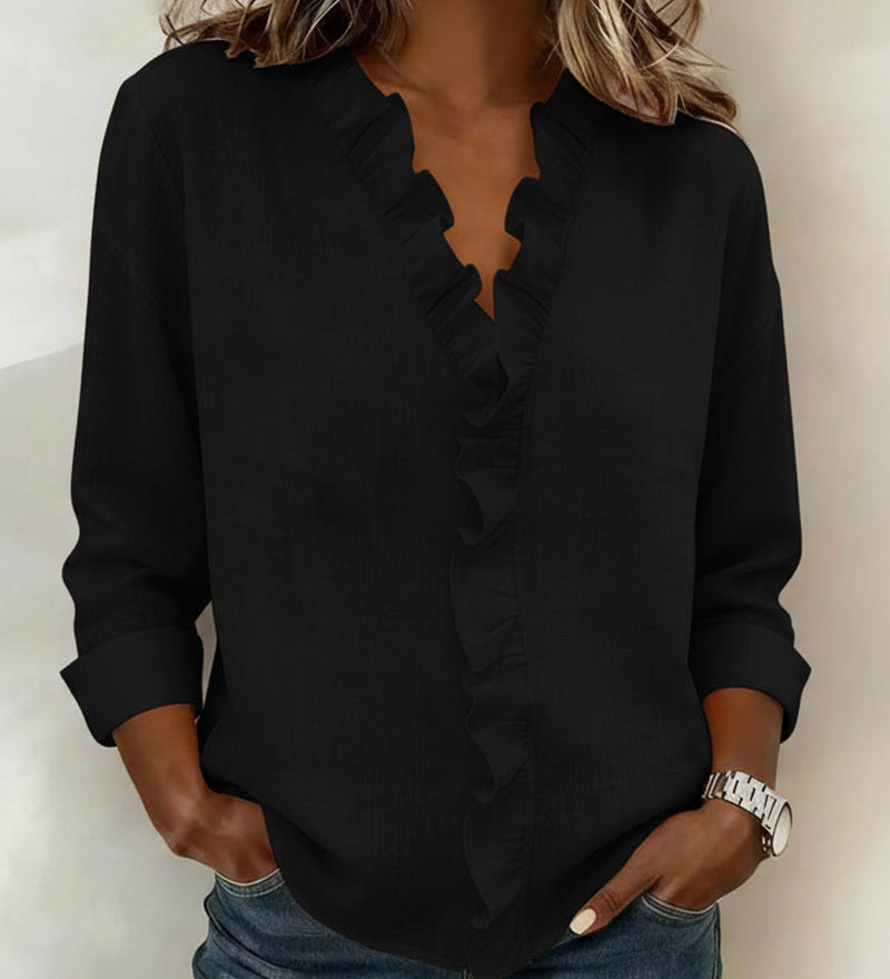 Blouse Froncé Col En V Manches Longues