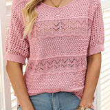 Pull À Manches Courtes En Maille Crochetée Ajourée Et Col Rond Pour Femmes