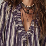 Blouse Profond Col V Rayures Verticales Loose
