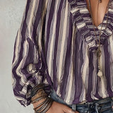 Blouse Profond Col V Rayures Verticales Loose