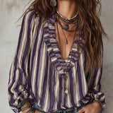 Blouse Profond Col V Rayures Verticales Loose