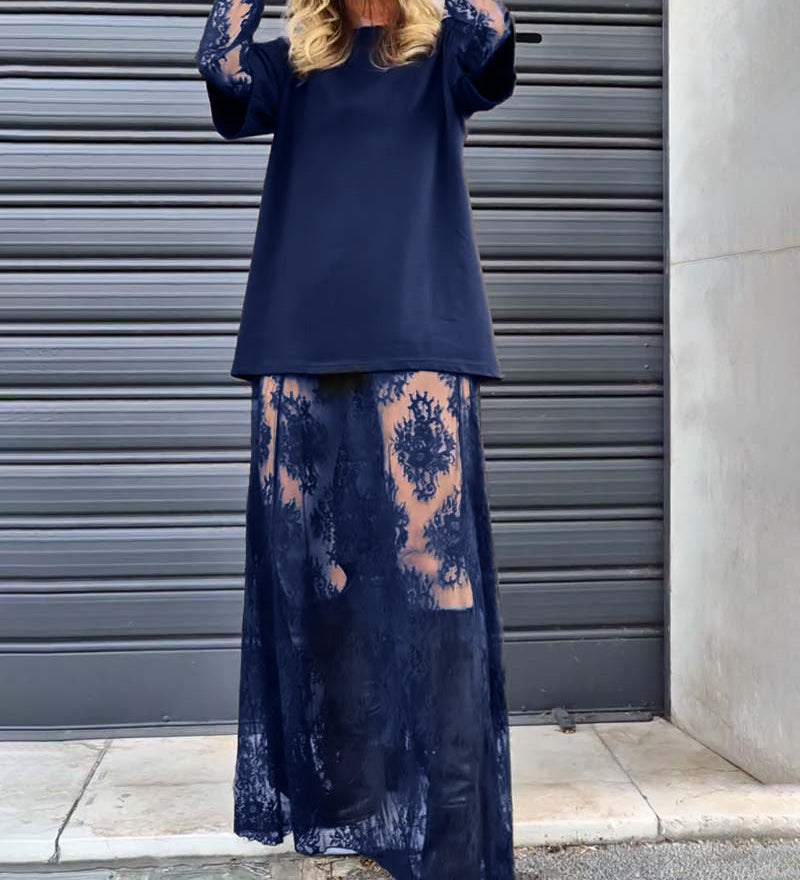 Ensemble deux pièces - T-shirt uni et jupe en dentelle