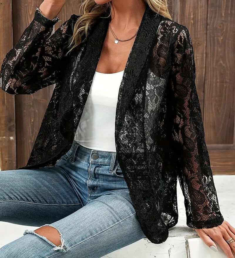 Manteau élégant à revers en dentelle florale de couleur unie
