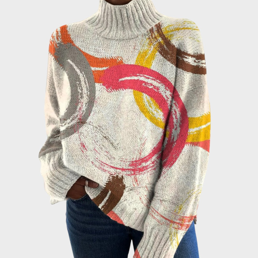 Pull col roulé crème à coups de pinceau colorés — Blanche, LucieSaint-Tropez