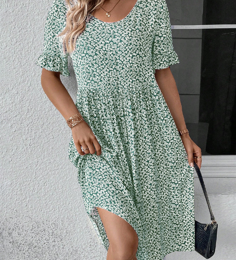 Robe élégante à col rond et imprimé floral
