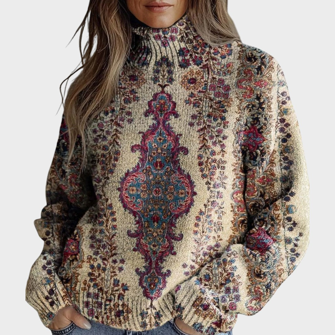Pull col roulé beige à médaillon oriental prune — Hélène, LucieSaint-Tropez