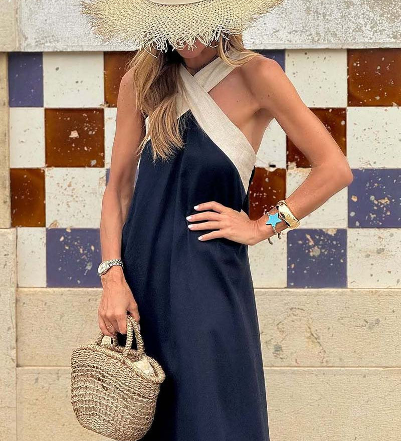 Robe Elegante Croix Dos Sans Dos Avec Couleur Contrastée