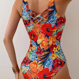 Maillot De Bain Une Pièce Col Rond Bretelles Larges Floral