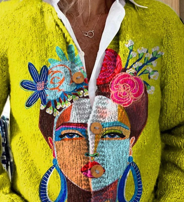 Cardigan boutonné jaune à portrait peint — Martine, LucieSaint-Tropez (vue 2)