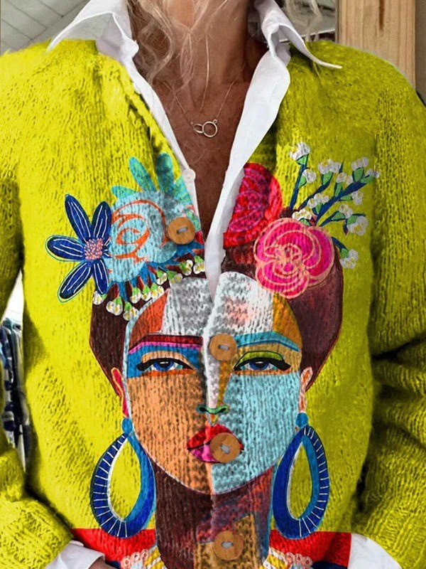 Cardigan boutonné jaune à portrait peint — Martine, LucieSaint-Tropez (vue 2)