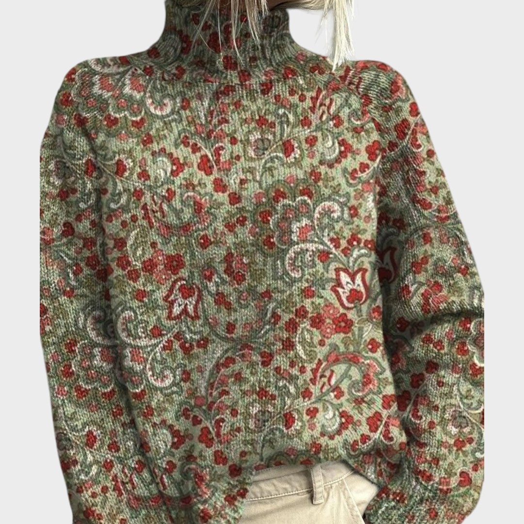 Pull col roulé à motif cachemire vert et rouge — Pauline, LucieSaint-Tropez