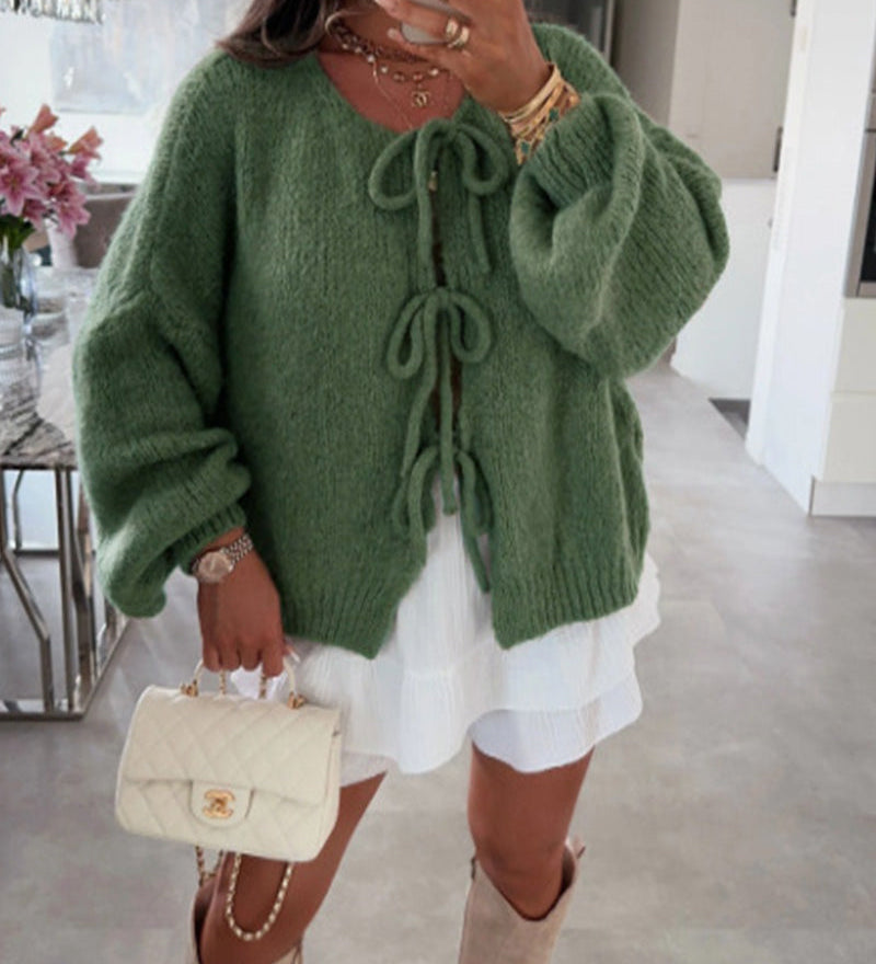 Cardigan à lacets de couleur unie de style paresseux