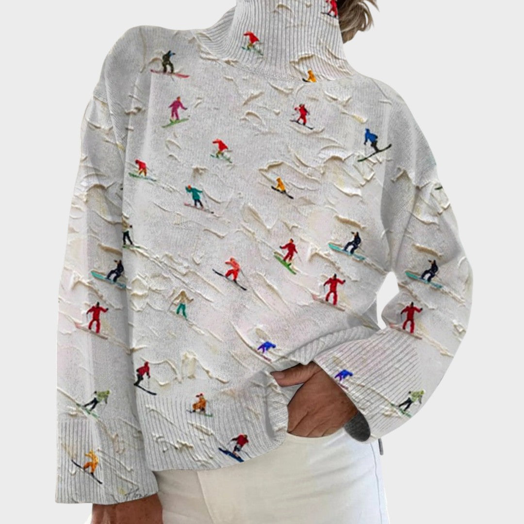 Pull col roulé blanc à petits skieurs — Mathilde, LucieSaint-Tropez