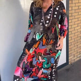 Robe à col en V à imprimé cœur avec manches longues