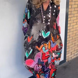 Robe à col en V à imprimé cœur avec manches longues