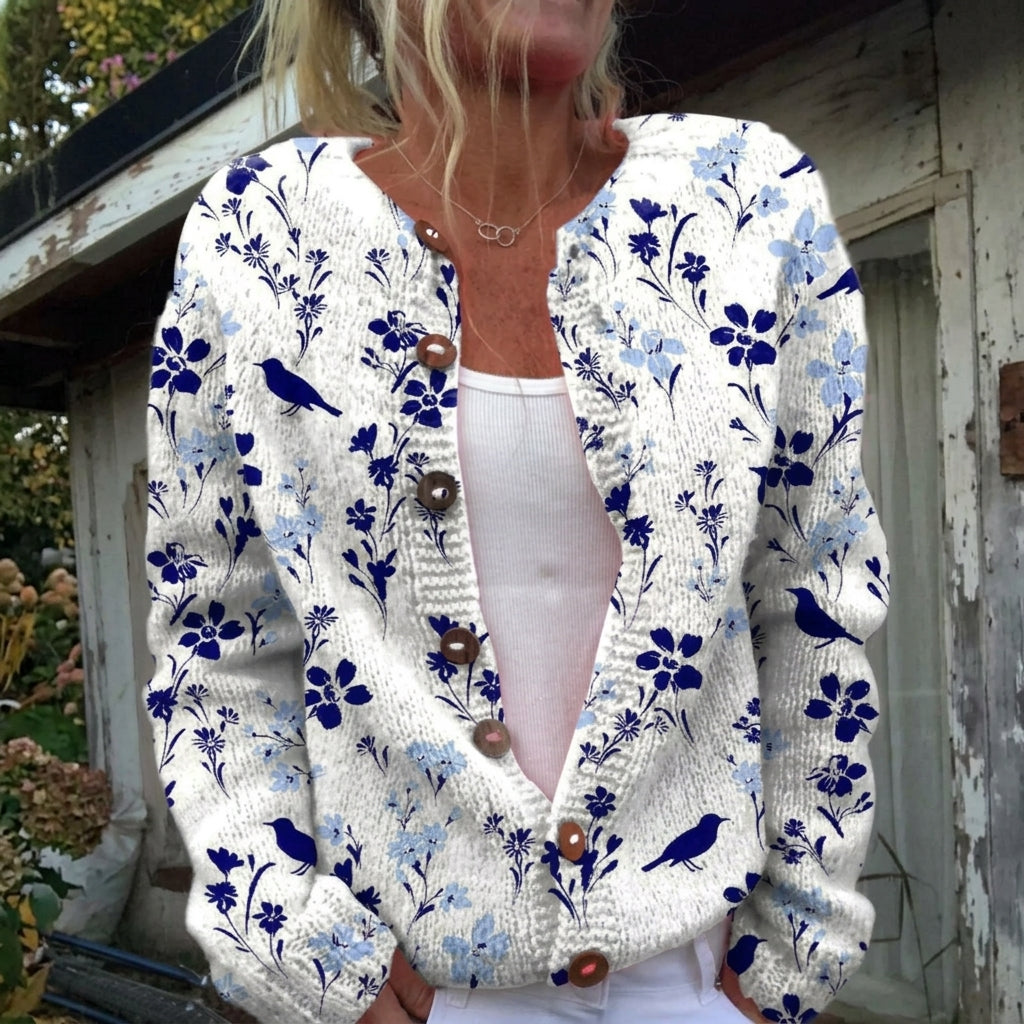 Cardigan boutonné blanc à oiseaux bleu marine — Ursule, LucieSaint-Tropez