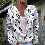 Cardigan boutonné blanc à oiseaux bleu marine — Ursule, LucieSaint-Tropez