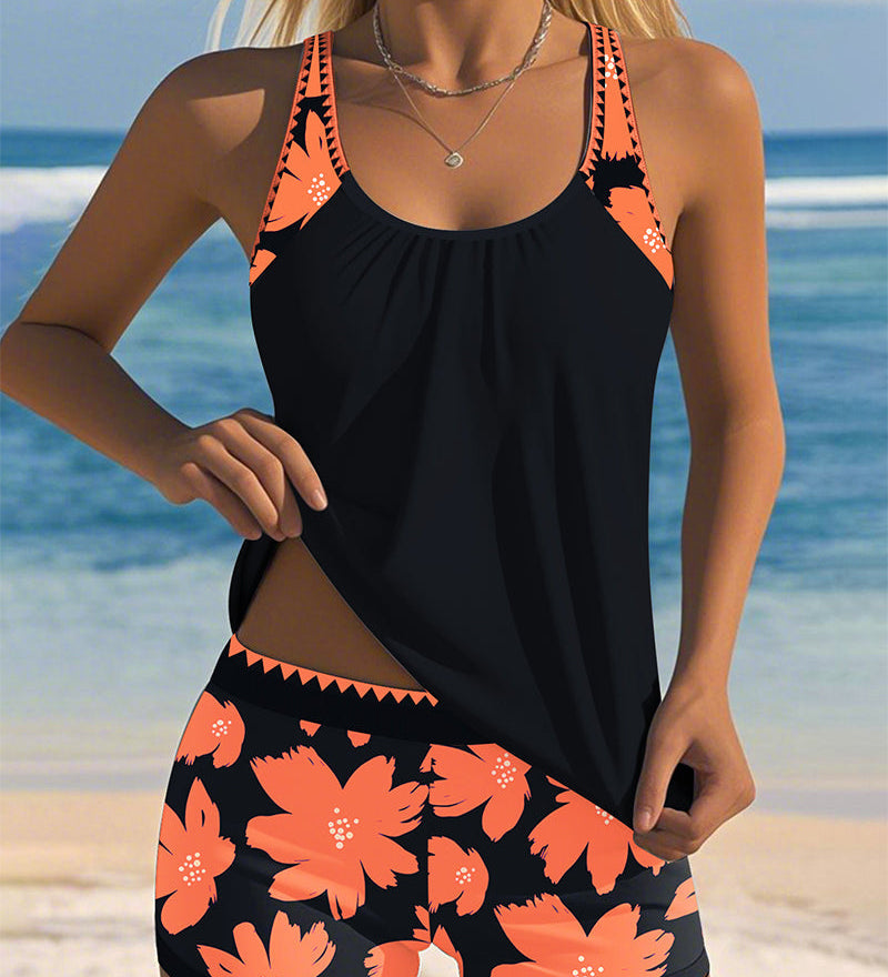 Tankini Décolleté En U Sans Manches Imprimé Boxer