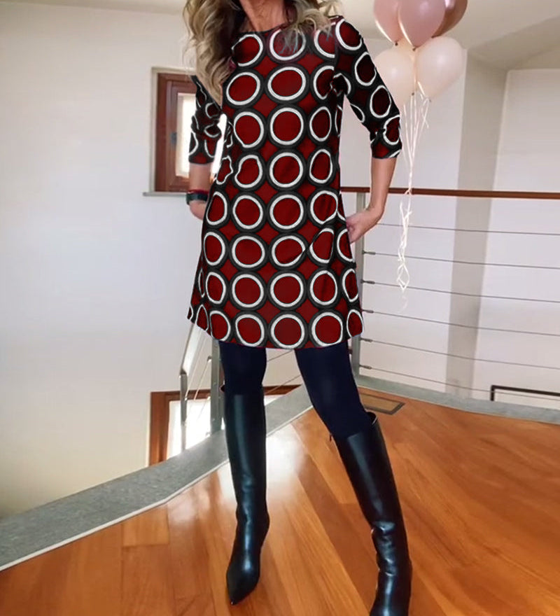 Robe décontractée à col rond et imprimé cercles