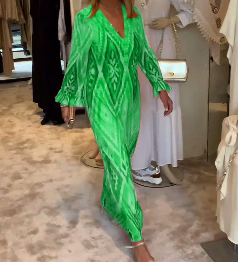 Robe à manches longues en V profond à imprimé géométrique rétro