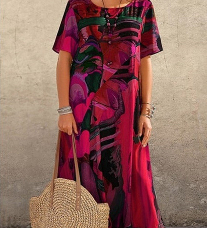 Robe droite à col rond et imprimé géométrique