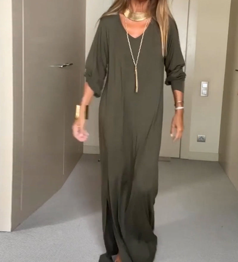 Robe décontractée à col en V de couleur unie