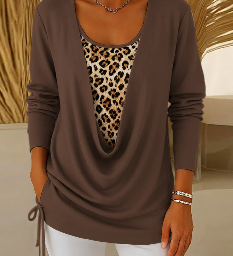T-shirt faux deux pièces à lacets imprimé léopard