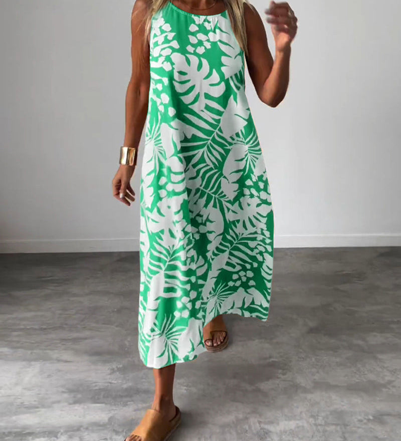 Robe décontractée sans manches à imprimé feuilles