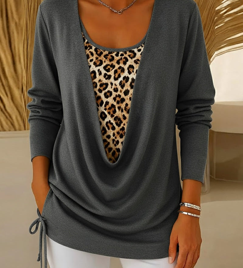 T-shirt faux deux pièces à lacets imprimé léopard