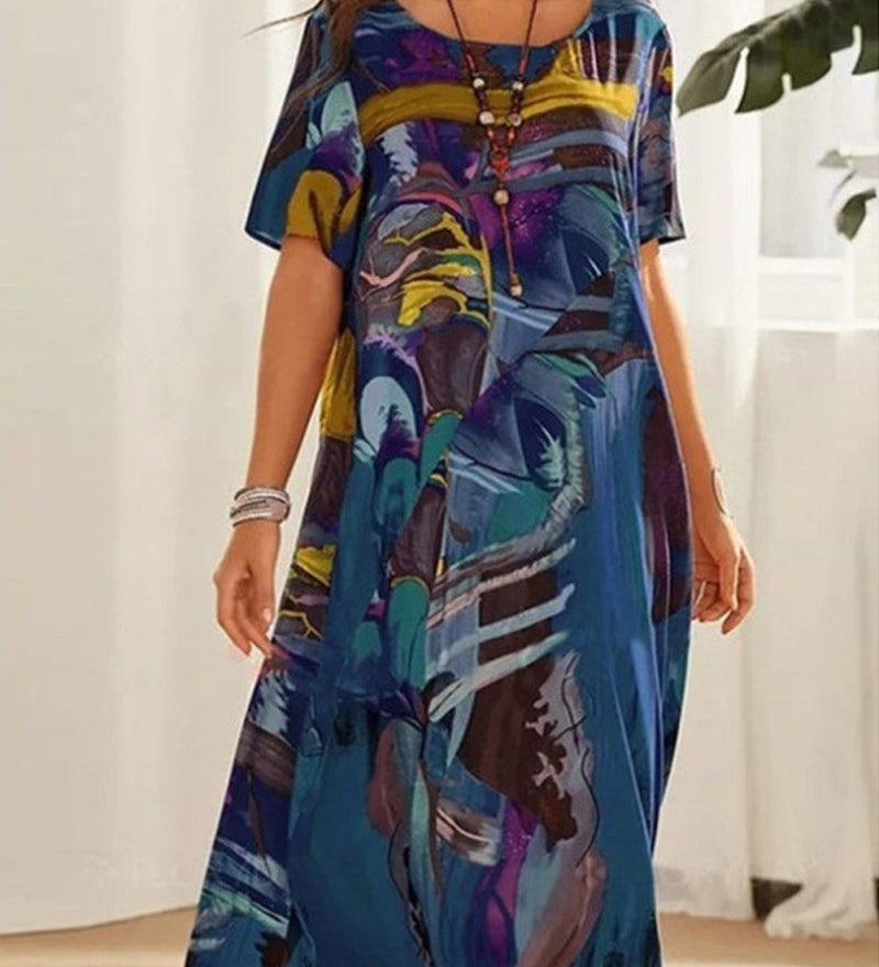 Robe droite à col rond et imprimé géométrique