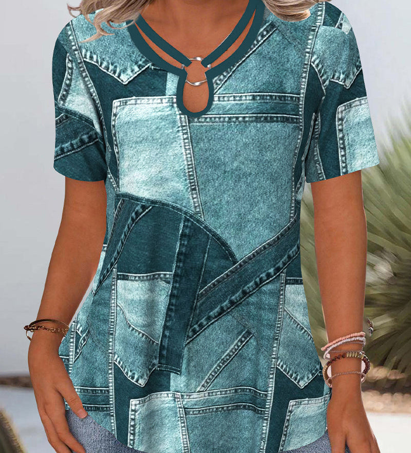 Blouse Vintage Jean Contraste Découpée