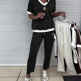 Costume Décontracté Col En V Couleur Contrastée Sport