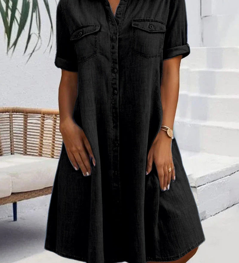 Robe Manches Courtes Col Solide Bouton