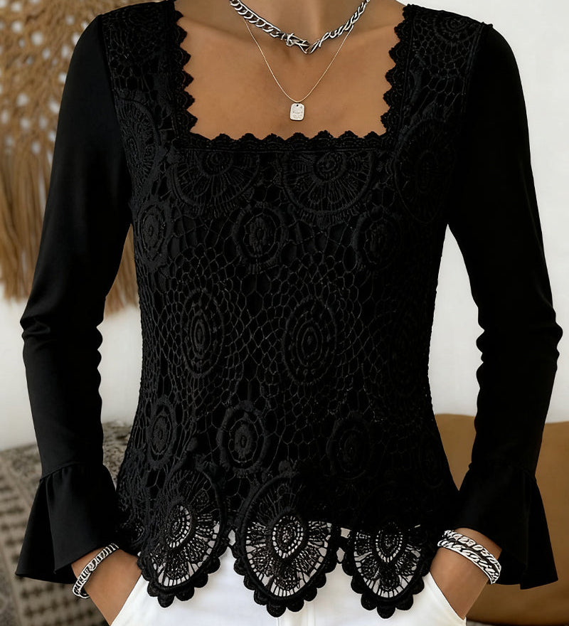 Blouse Crochetée À Encolure Large Et Détails Patchwork