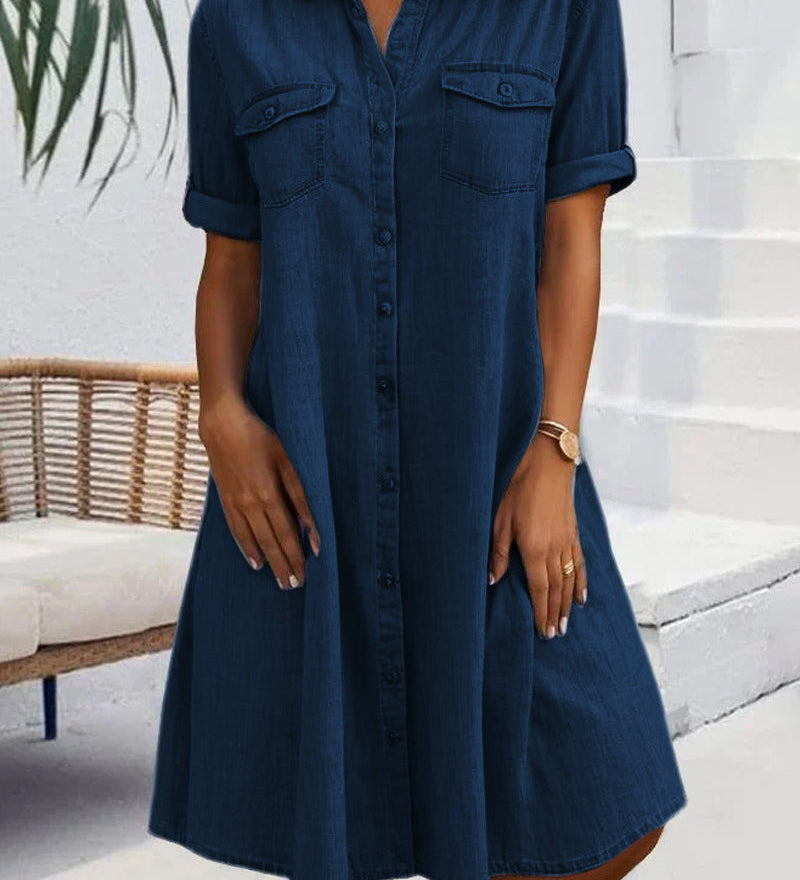 Robe Manches Courtes Col Solide Bouton