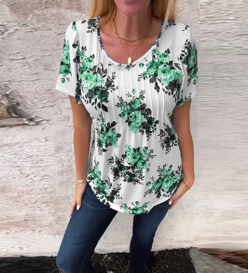 T-Shirt À Col Rond Imprimé Floral Plissé