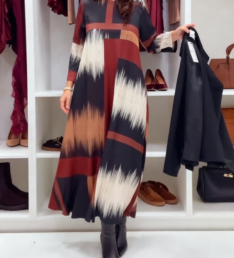 Robe Tendance Imprimée À Col Rond Et Manches Longues