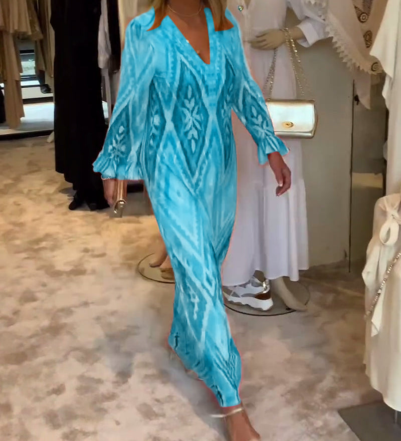 Robe à manches longues en V profond à imprimé géométrique rétro