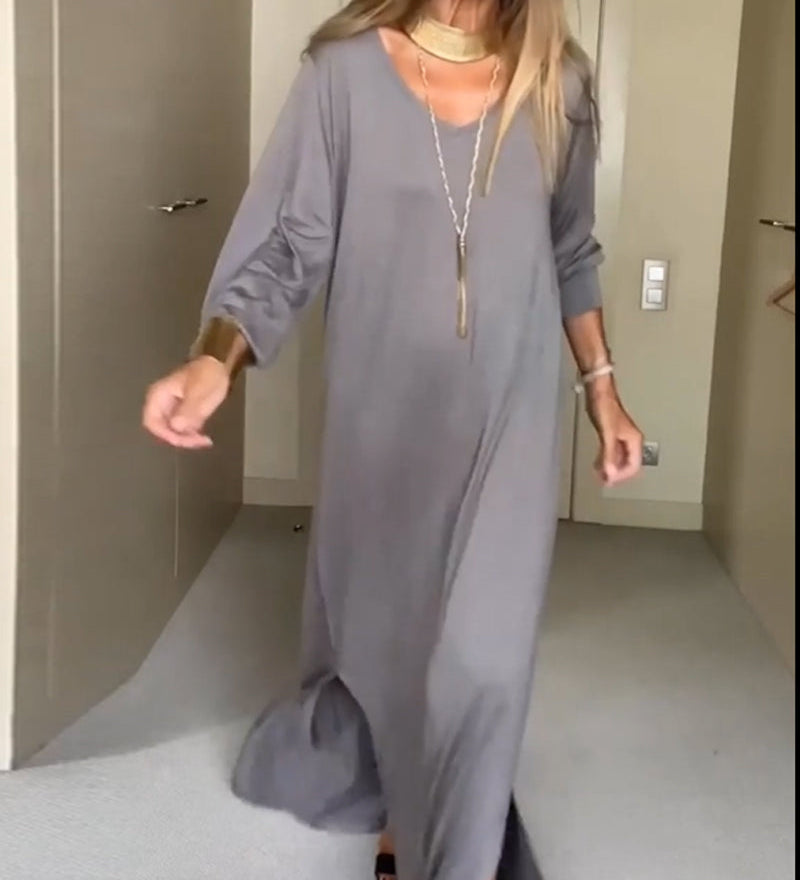 Robe décontractée à col en V de couleur unie